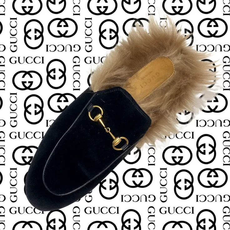Gucci Black Velvet Princetown Fur-lined Mules