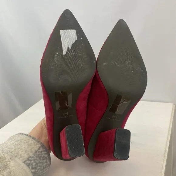 Halston Raspberry Suede Laurel Heels with Pointed Toe
