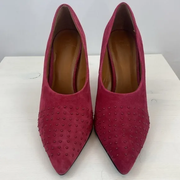 Halston Raspberry Suede Laurel Heels with Pointed Toe