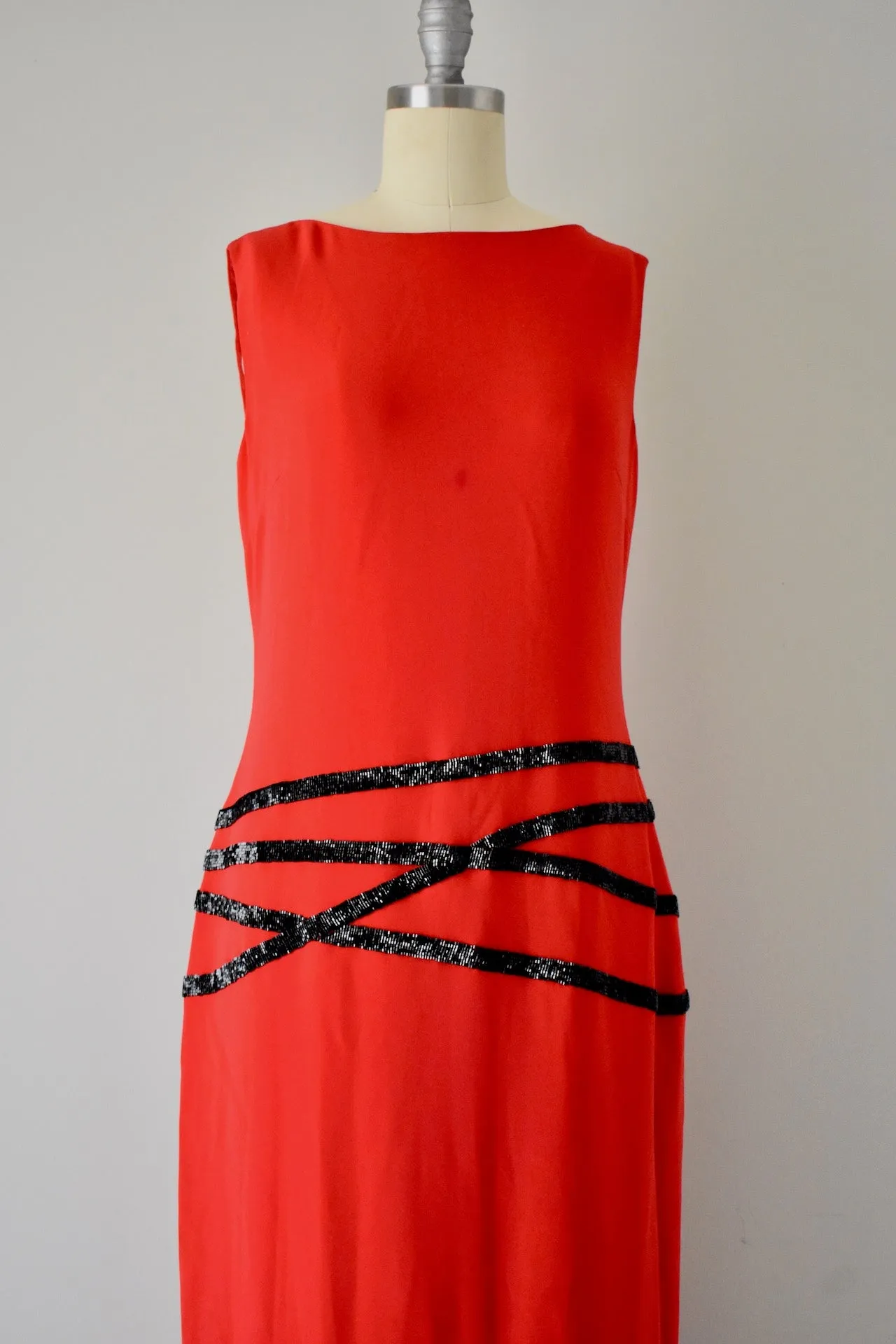 Halston Red Crepe Embroidered Dress, ca. 1990