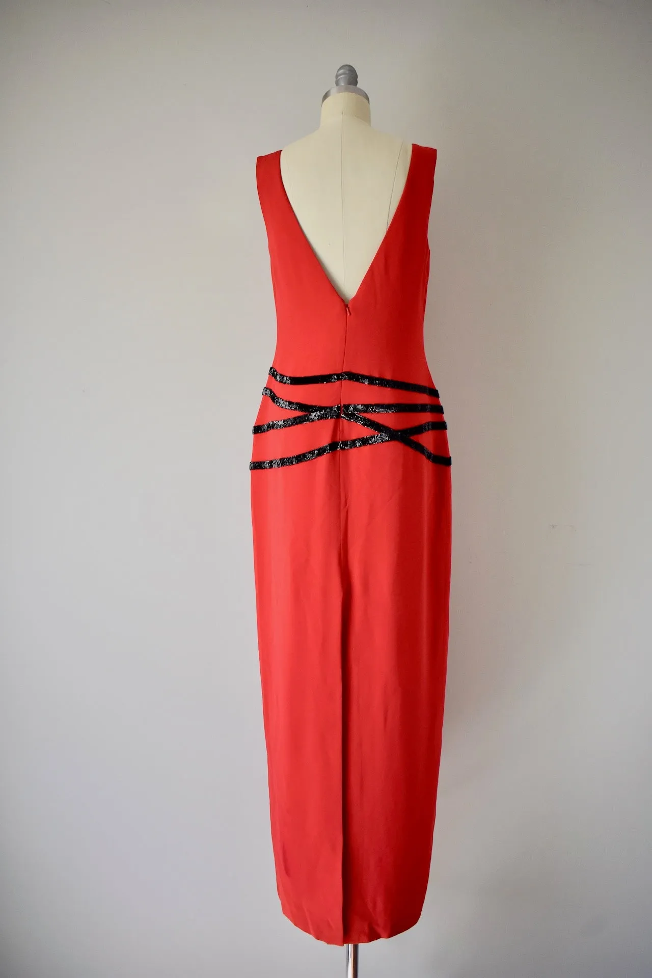 Halston Red Crepe Embroidered Dress, ca. 1990