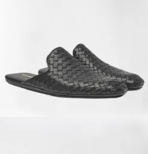 Handmade Men Black Leather Woven Chittai Mat Mules, Moccasin Shoes