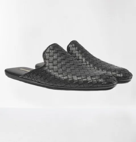 Handmade Men Black Leather Woven Chittai Mat Mules, Moccasin Shoes