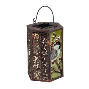 Handpainted Embossed Glass and Metal Solar Lantern, Holiday Chickadee,2sp6931