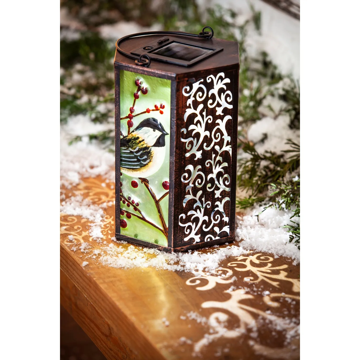 Handpainted Embossed Glass and Metal Solar Lantern, Holiday Chickadee,2sp6931