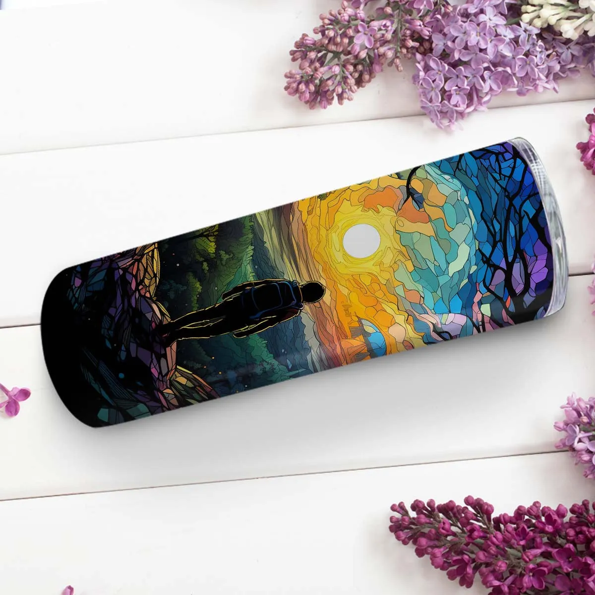 Hiking In Stained Glass 20oz Skinny Tumbler, Outdoors Tumbler, Adventure Nature Mountain Tumbler, Vibrant Tumbler, Trending Tumbler