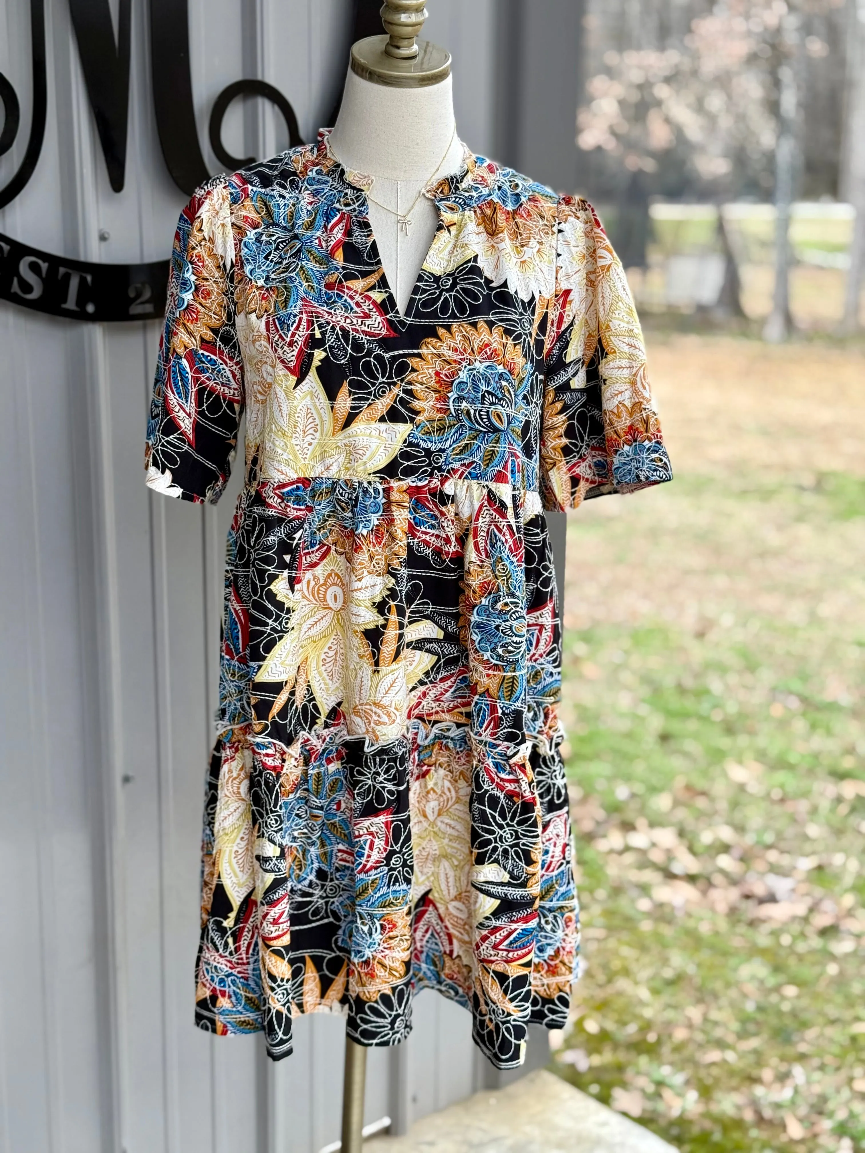 Hope Embroidered Mix Floral Print Tiered Dress