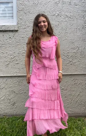 Hot Pink Silk Ankle Length Ruffle Dress