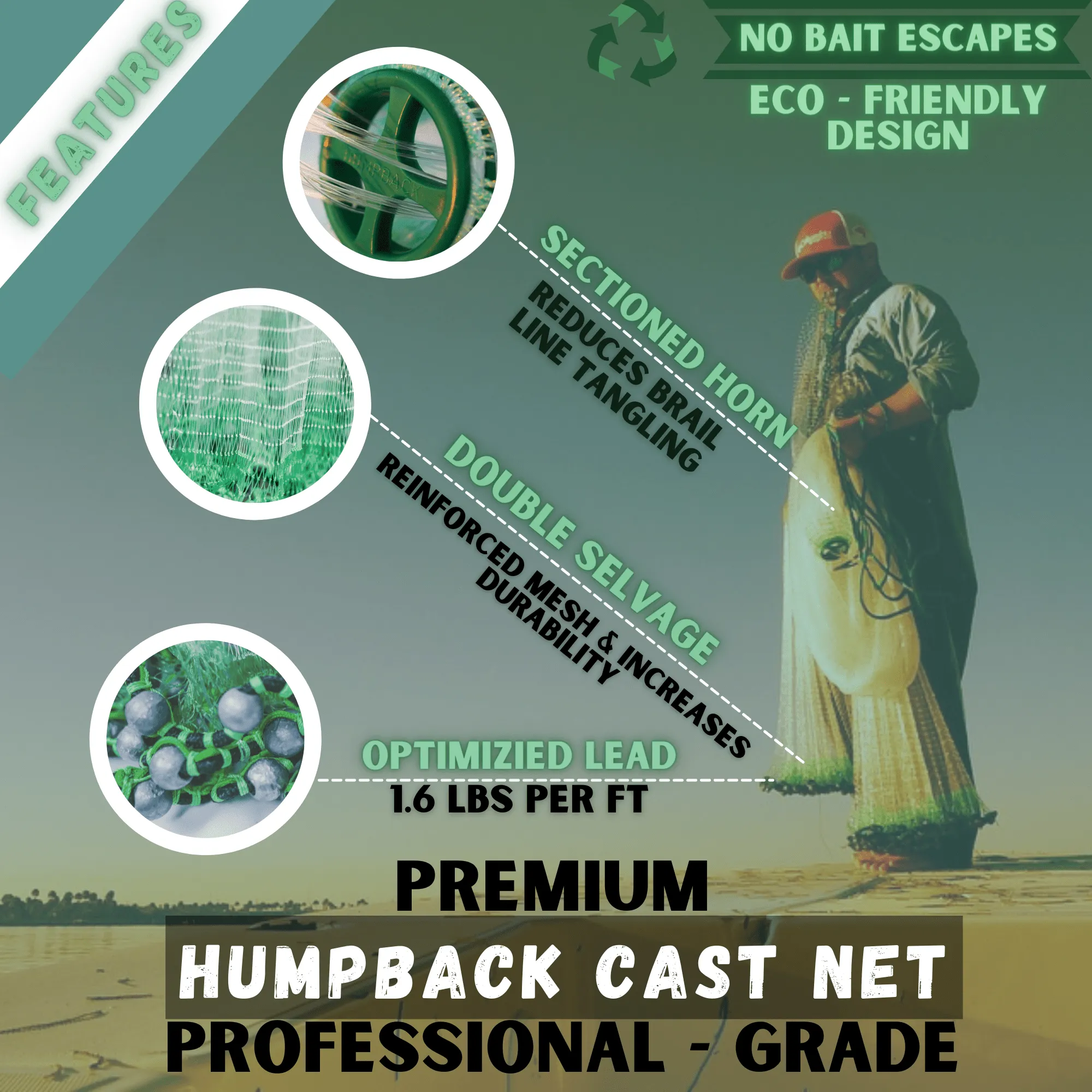 Humpback Minnow Shallow Water Cast Nets (1/4" Sq. Mesh) - 1.3lb per ft