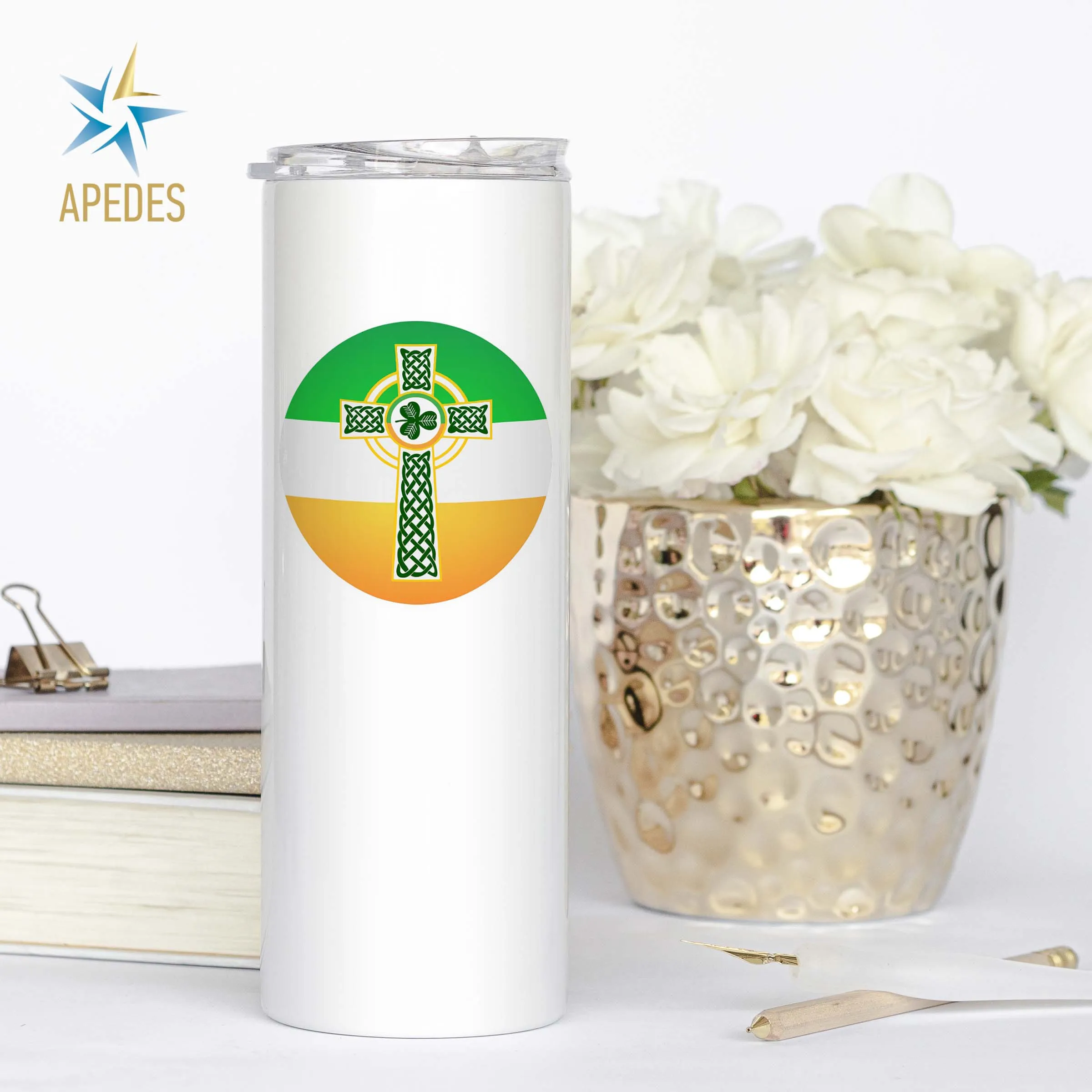 Irish Celtic Crest Ireland Flag Stainless Steel Skinny Tumbler 20 OZ