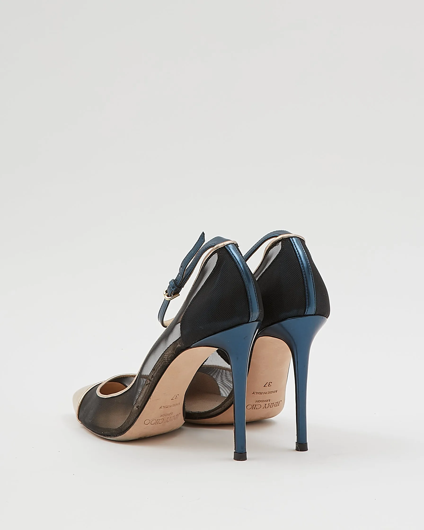 Jimmy Choo Blue/Gold Metallic Strap Point Toe Heels - 37