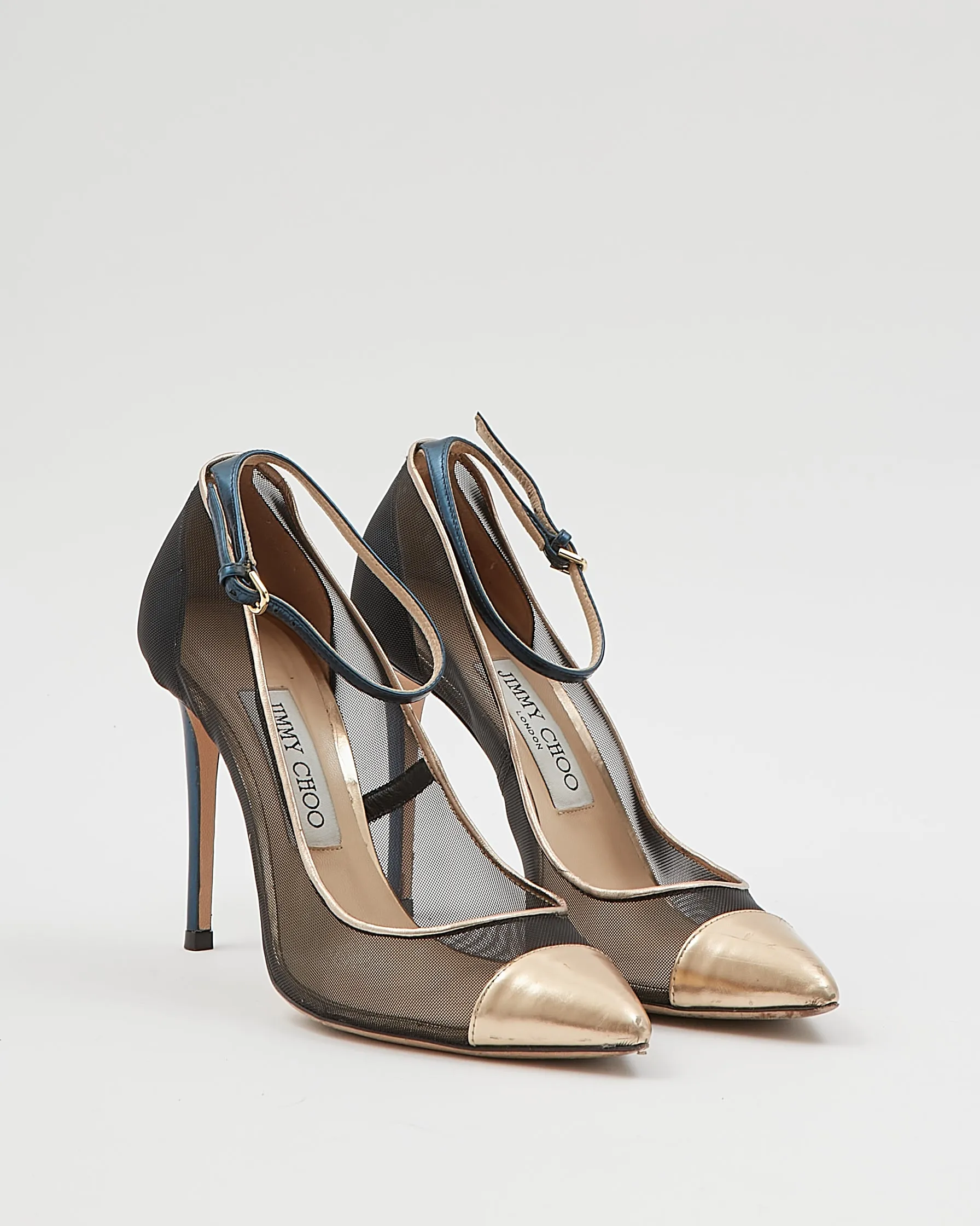 Jimmy Choo Blue/Gold Metallic Strap Point Toe Heels - 37