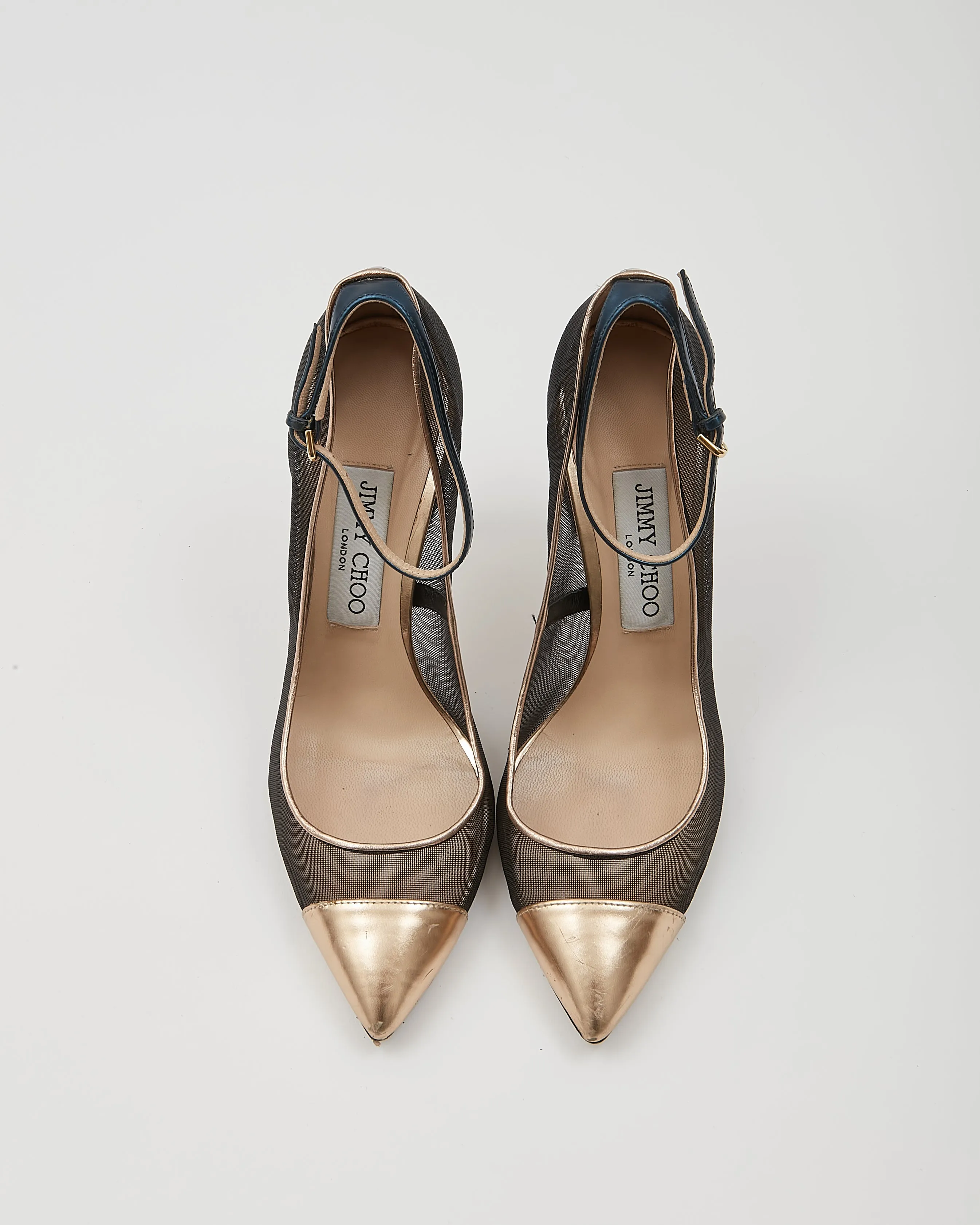 Jimmy Choo Blue/Gold Metallic Strap Point Toe Heels - 37