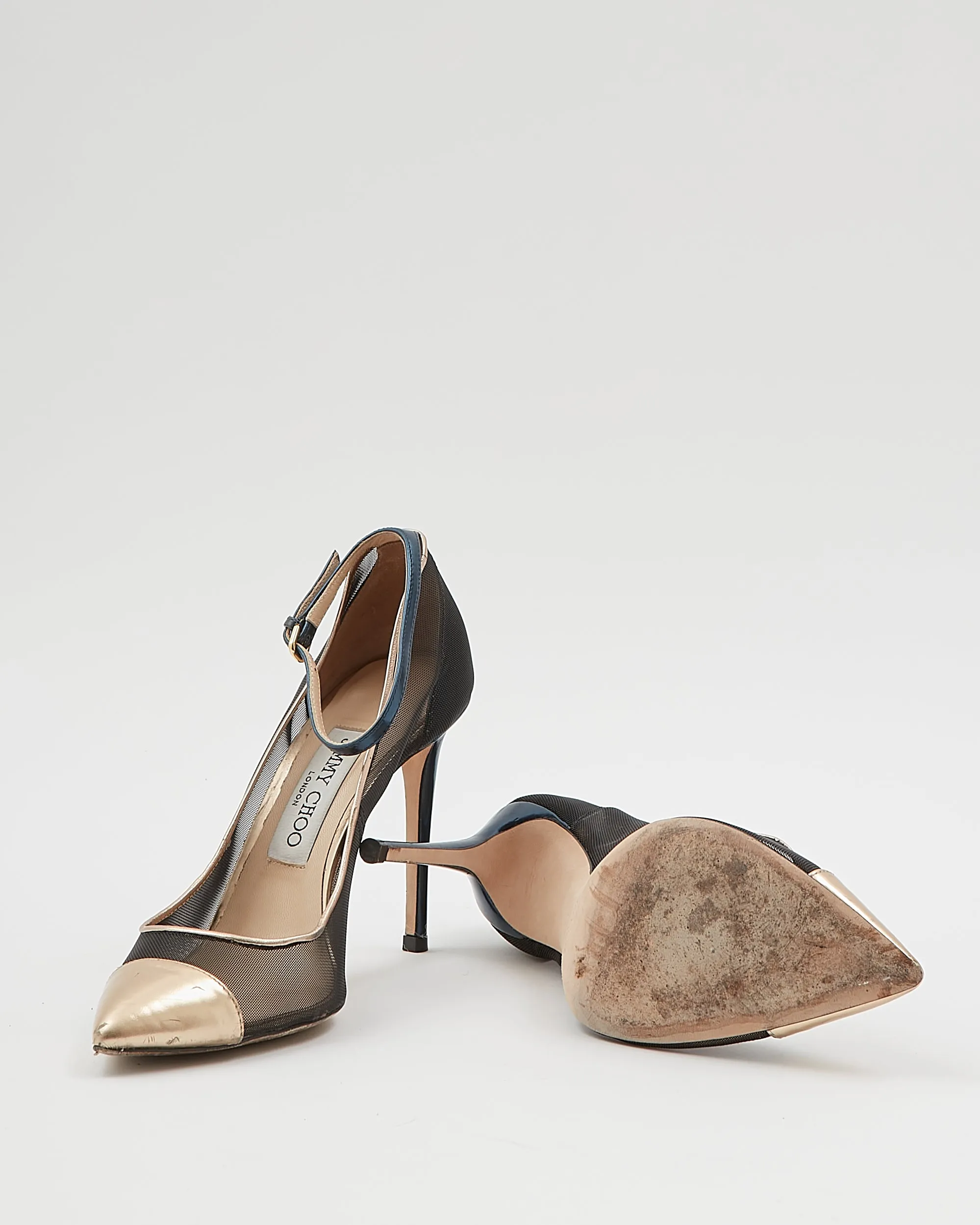 Jimmy Choo Blue/Gold Metallic Strap Point Toe Heels - 37