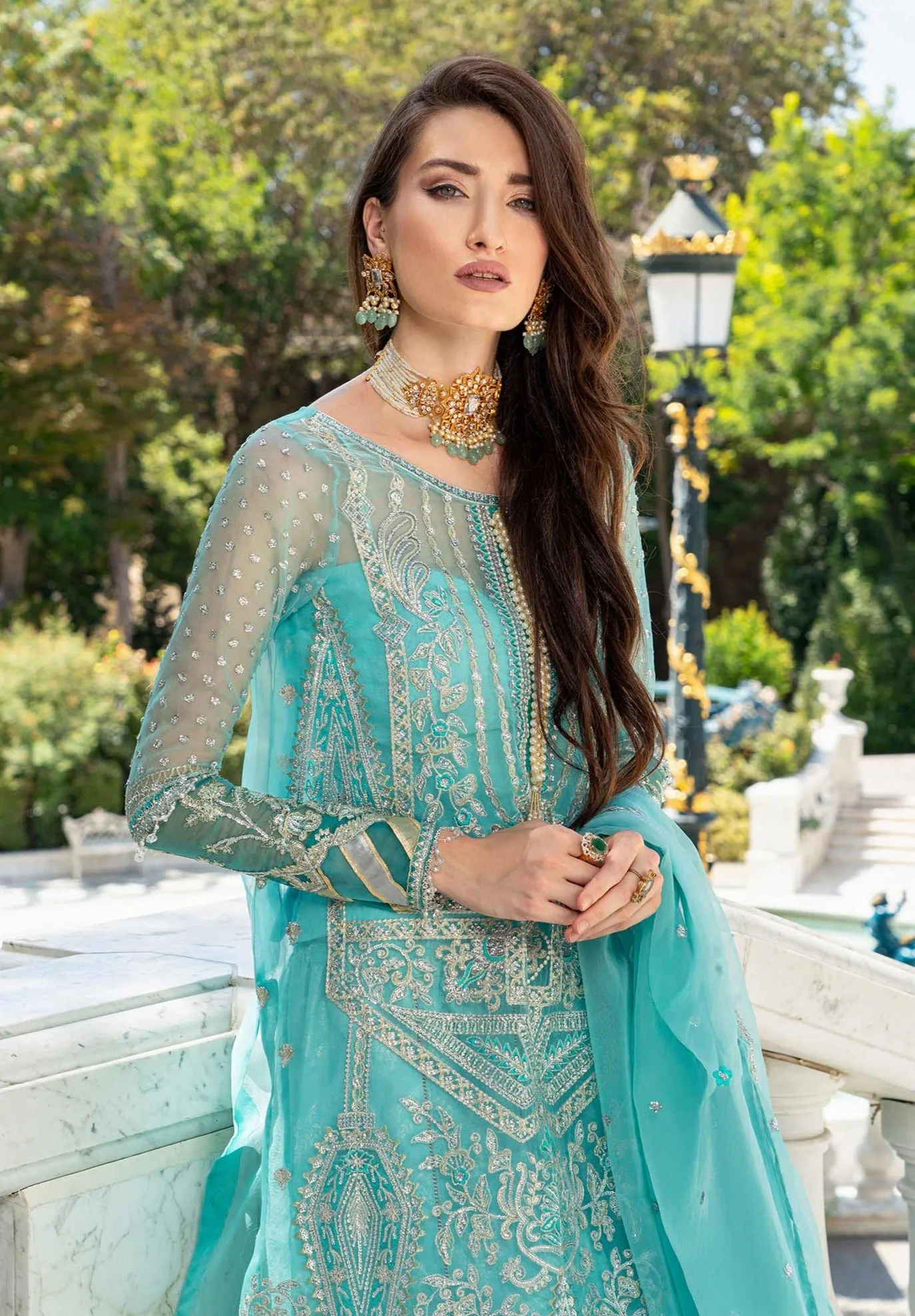 Kameez Trouser Dupatta Embroidered Pakistani Blue Dress