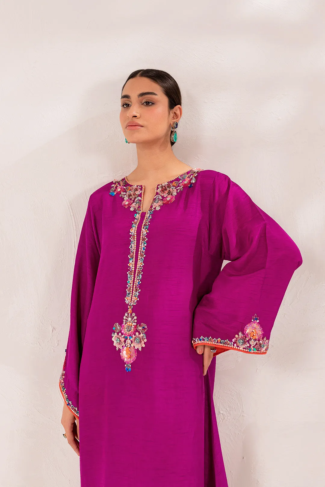 Kameez Trouser Raw Silk Pakistani Eid Dress in Magenta