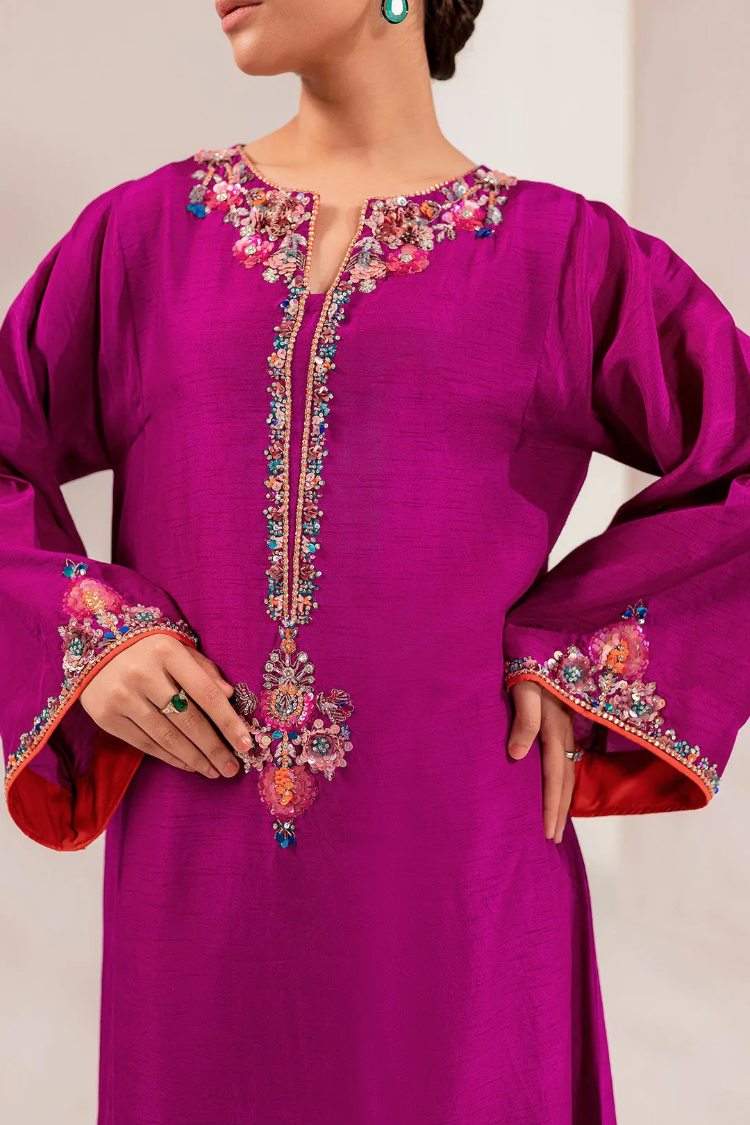 Kameez Trouser Raw Silk Pakistani Eid Dress in Magenta