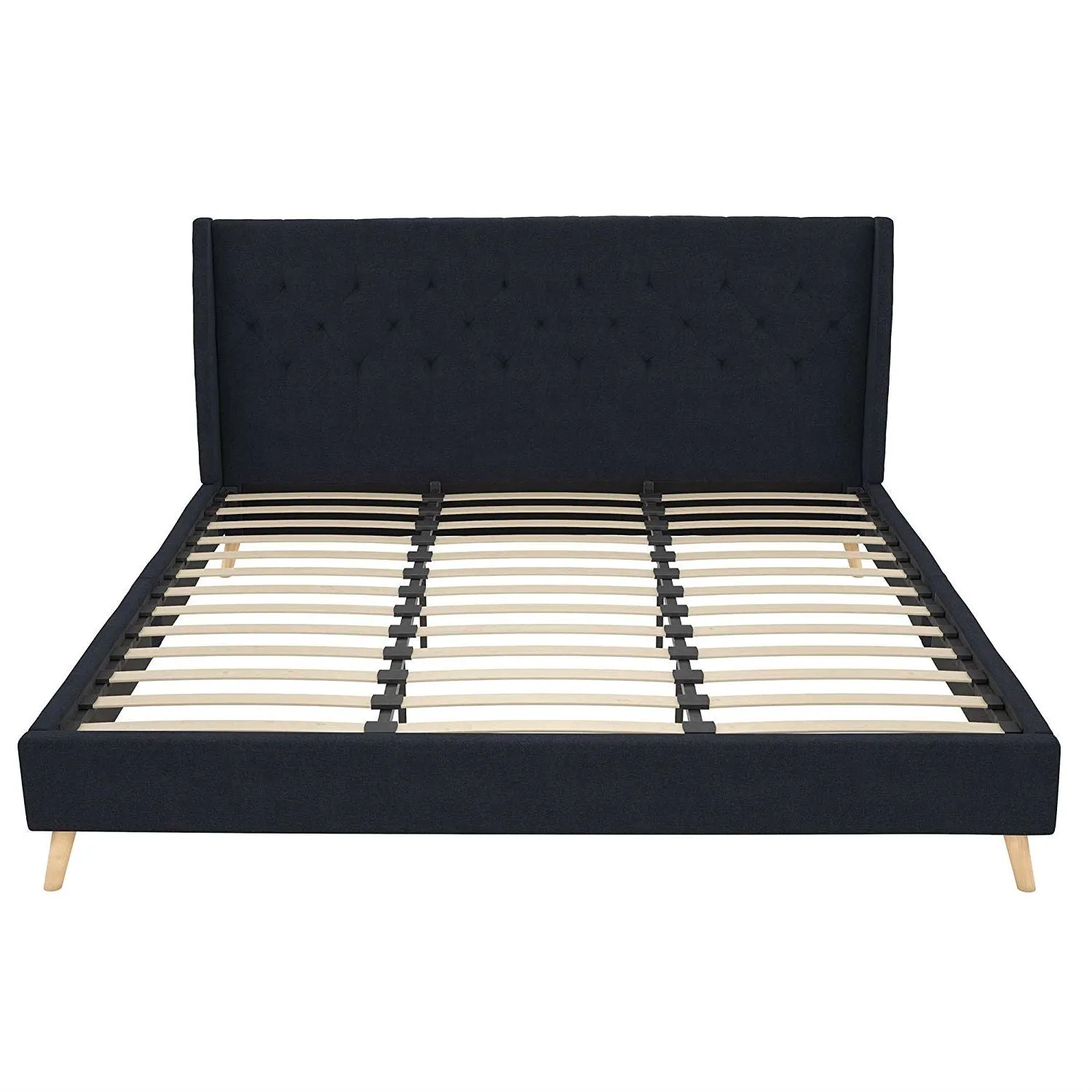 King Mid-Century Style Navy Blue Linen Upholstered Wingback Platform Bed