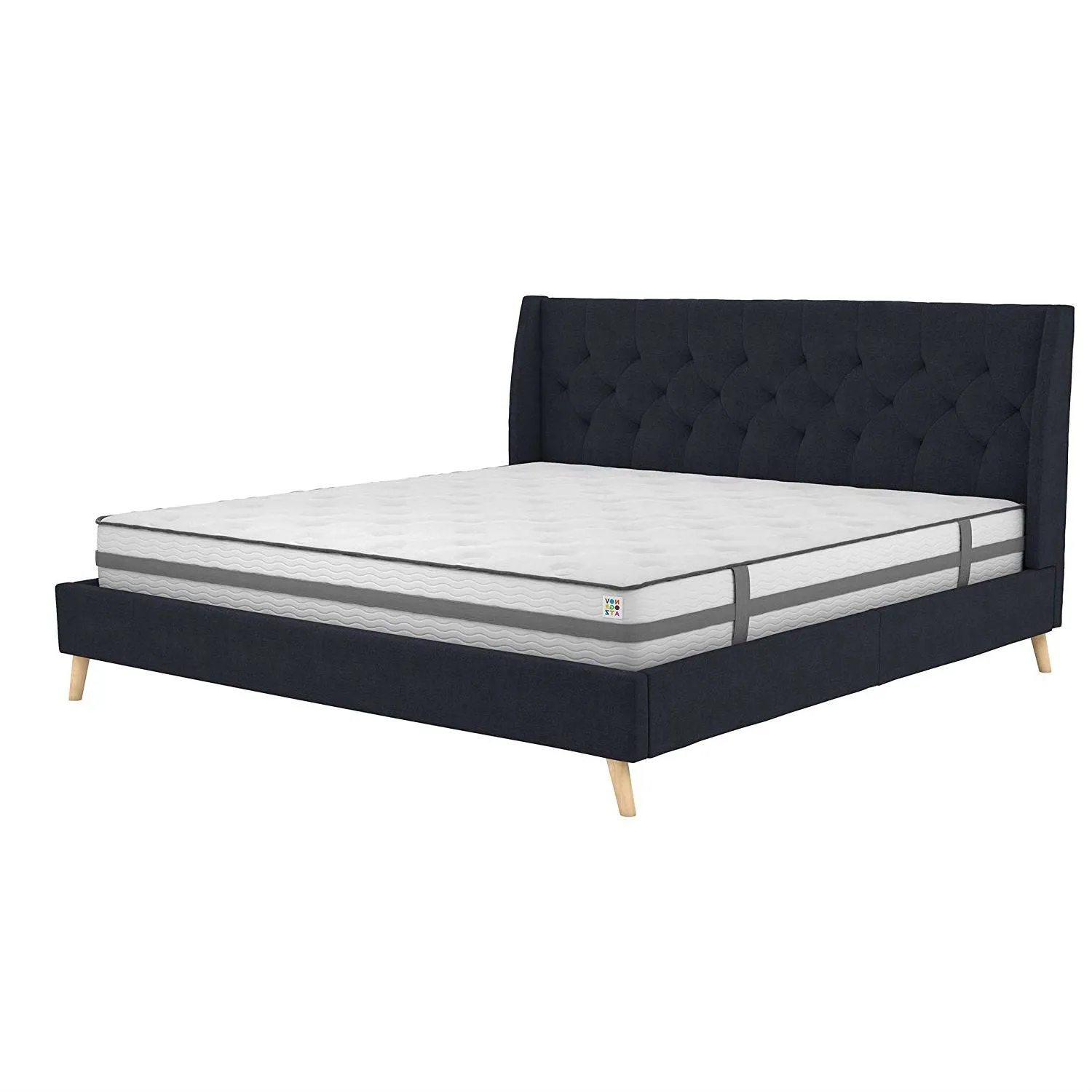King Mid-Century Style Navy Blue Linen Upholstered Wingback Platform Bed