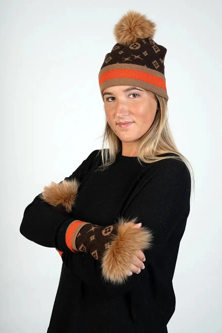 Knitted Monogram Hat W/Fox Pom