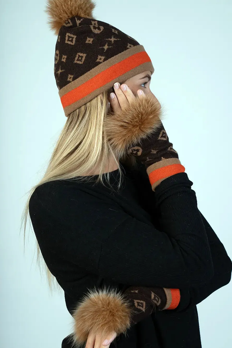 Knitted Monogram Hat W/Fox Pom