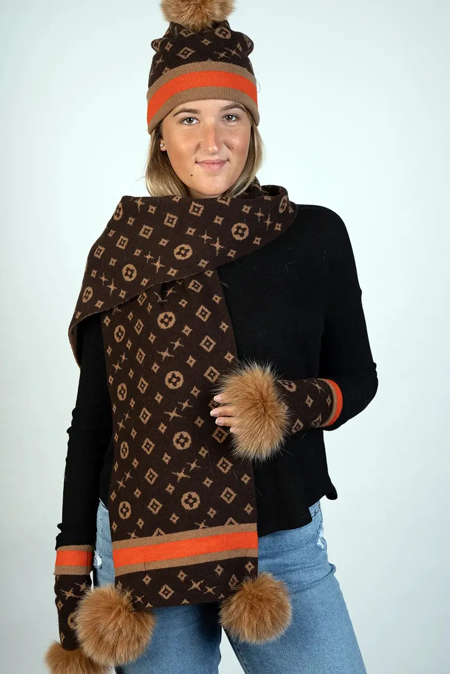 Knitted Monogram Hat W/Fox Pom