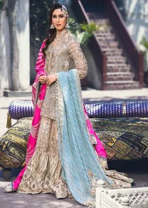 Latest bridal gharara dress for wedding wear in peach gold color # B3401