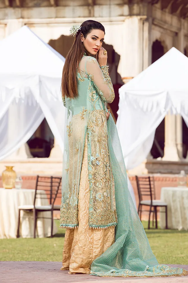 Latest designer embroidered Asian party outfit in mint green color # P2442