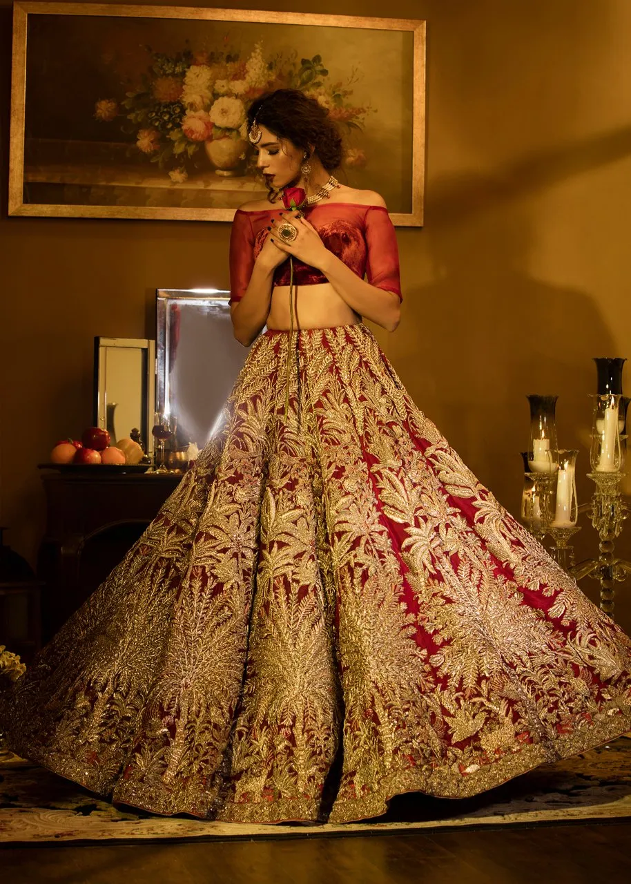 Latest embellished Indian skirt dress in red color for wedding wear # B3404