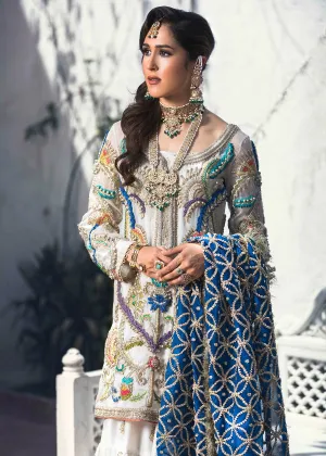 Latest embroidered bridal gharara dress for wedding wear in white color # B3400
