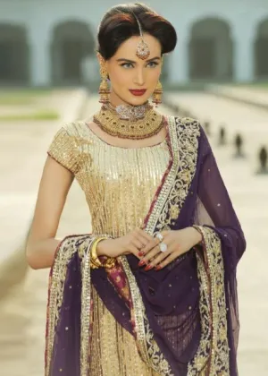 Latest Indian embroidered bridal outfit in gold and purple color # B3382