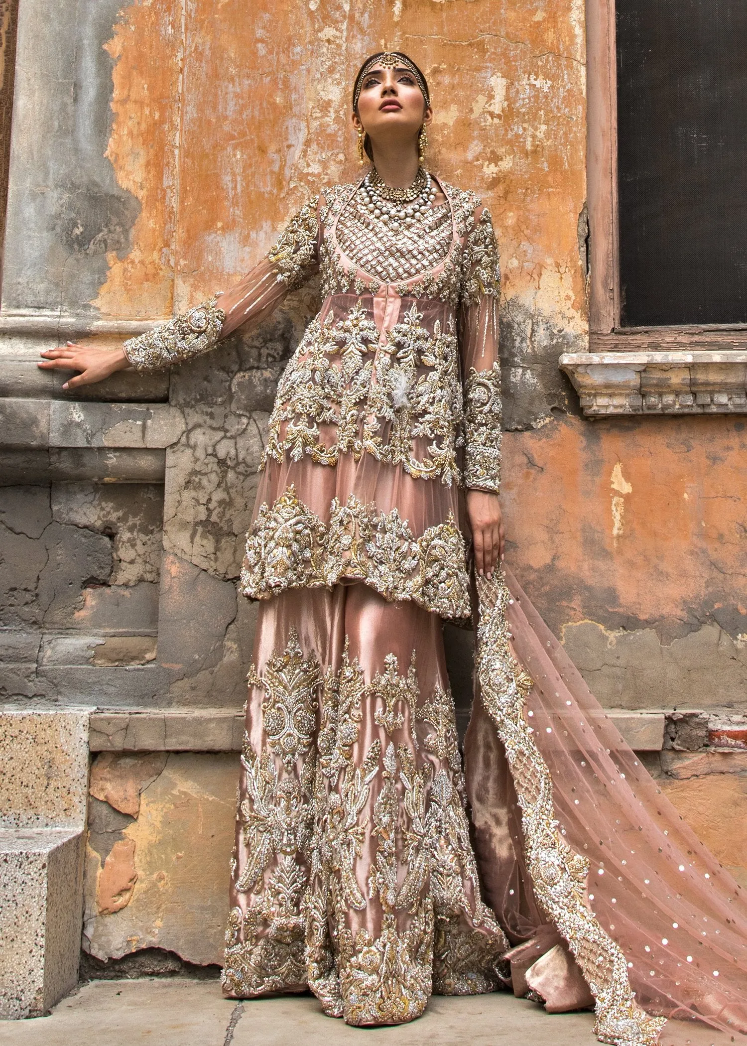 Latest net embroidered peshwaz for wedding wear in tea pink color # B3396