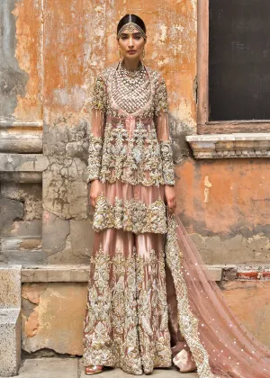 Latest net embroidered peshwaz for wedding wear in tea pink color # B3396