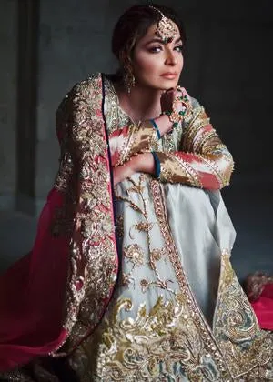 Latest organza embroidered lehnga dress in blue and red color # B3394