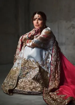 Latest organza embroidered lehnga dress in blue and red color # B3394
