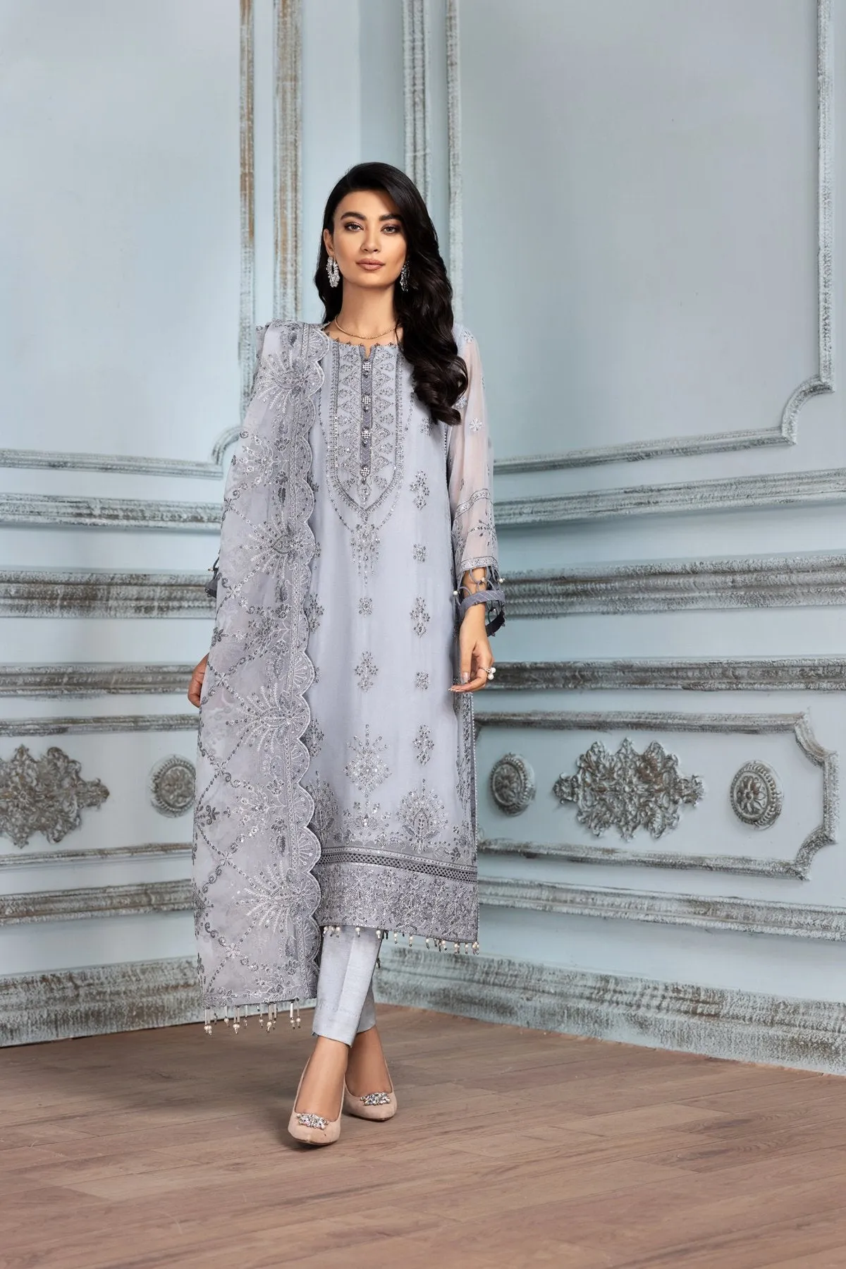 Latest Pakistani Party Wear in Light Grey Shade #PF288