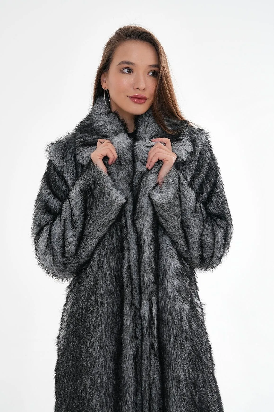 Long Faux Fur Coat – Gray Chinchilla Pattern
