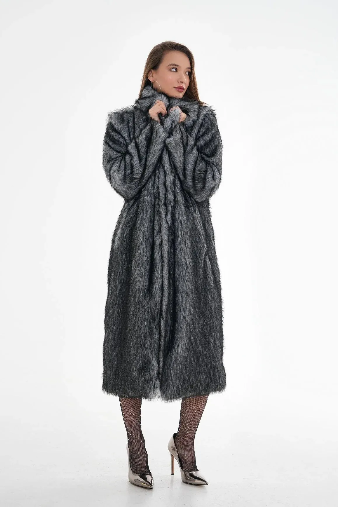 Long Faux Fur Coat – Gray Chinchilla Pattern