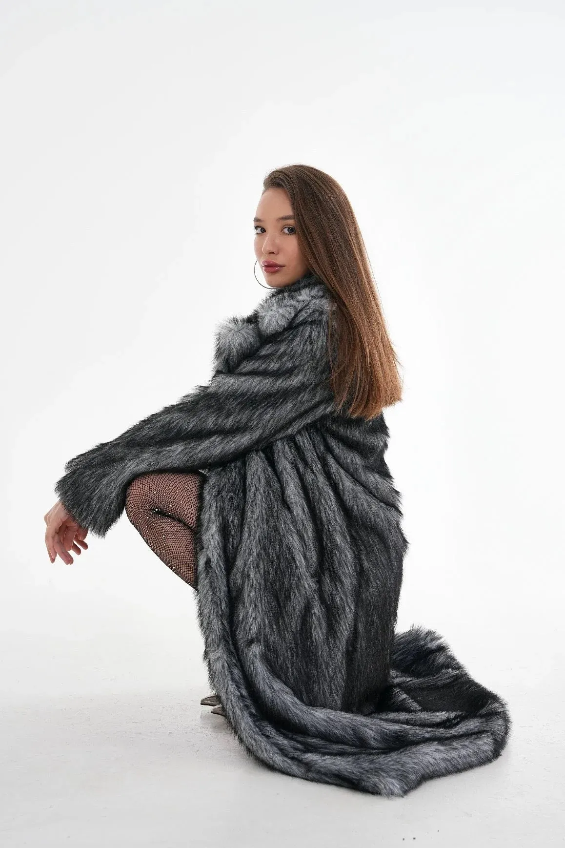 Long Faux Fur Coat – Gray Chinchilla Pattern