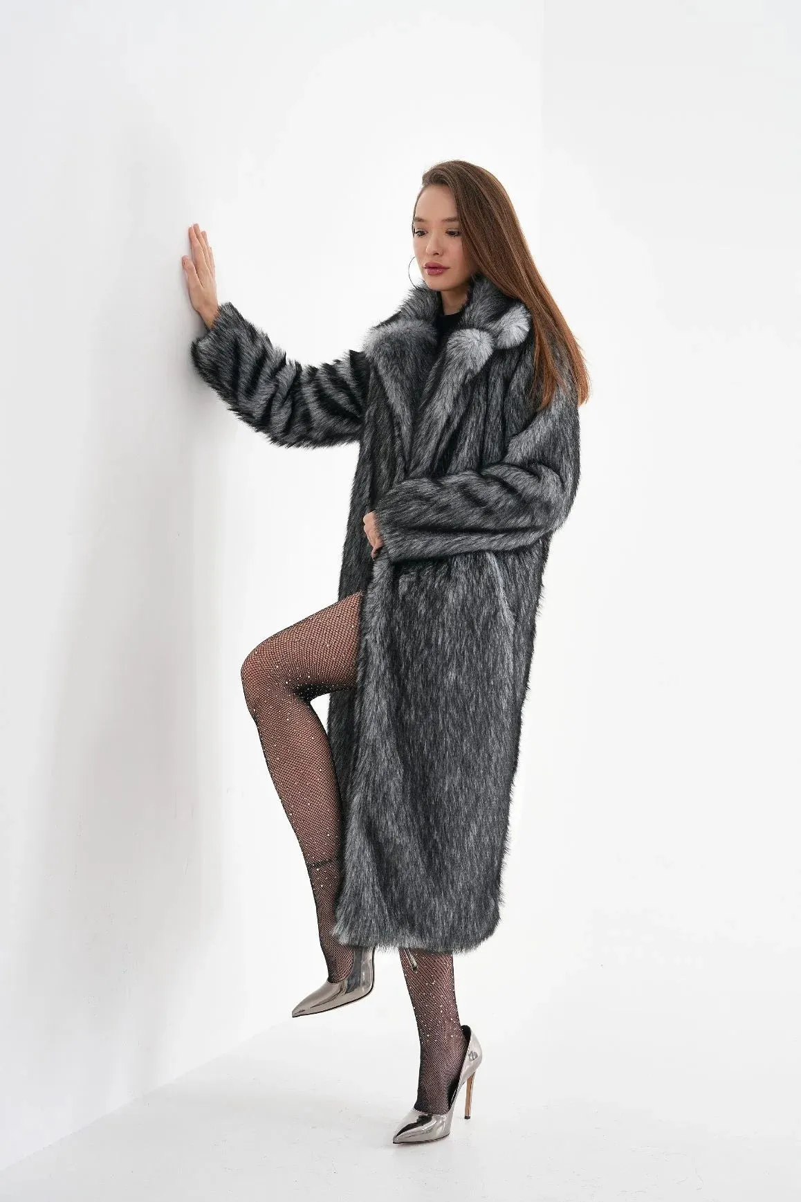 Long Faux Fur Coat – Gray Chinchilla Pattern