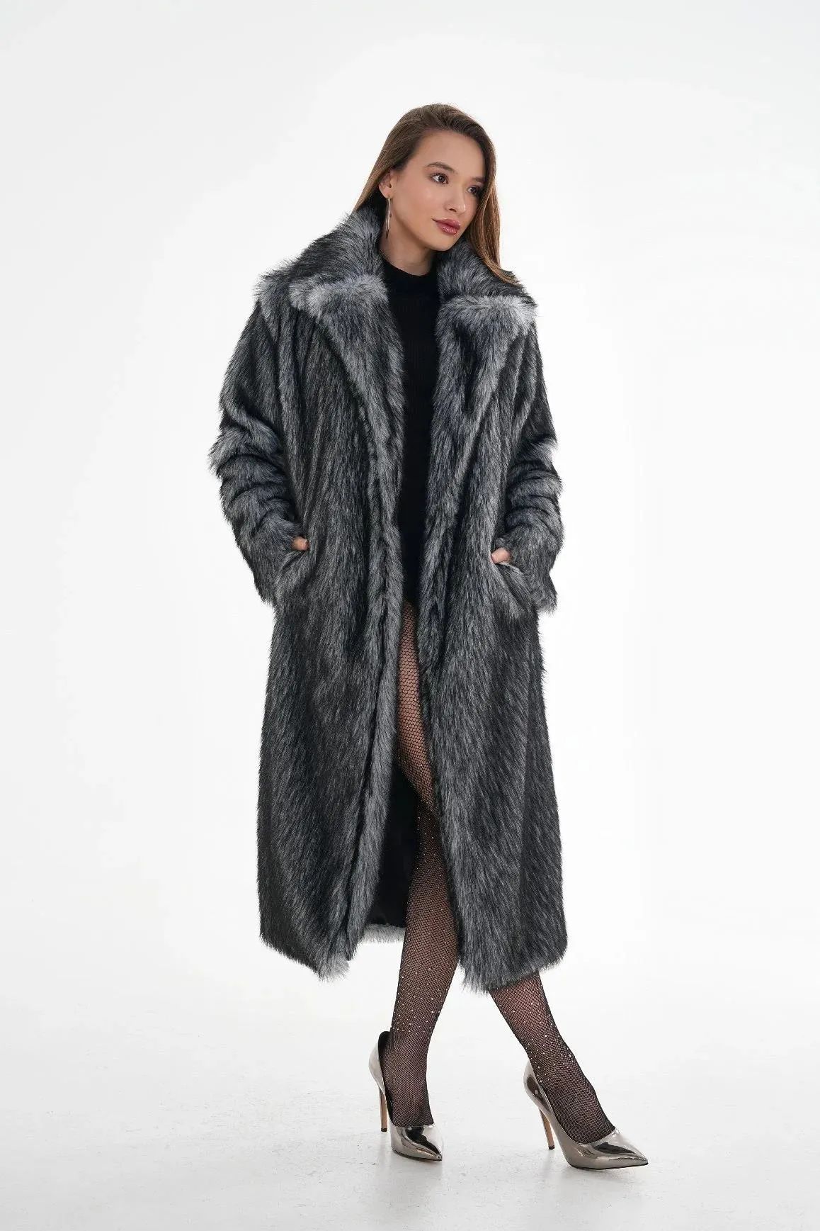 Long Faux Fur Coat – Gray Chinchilla Pattern