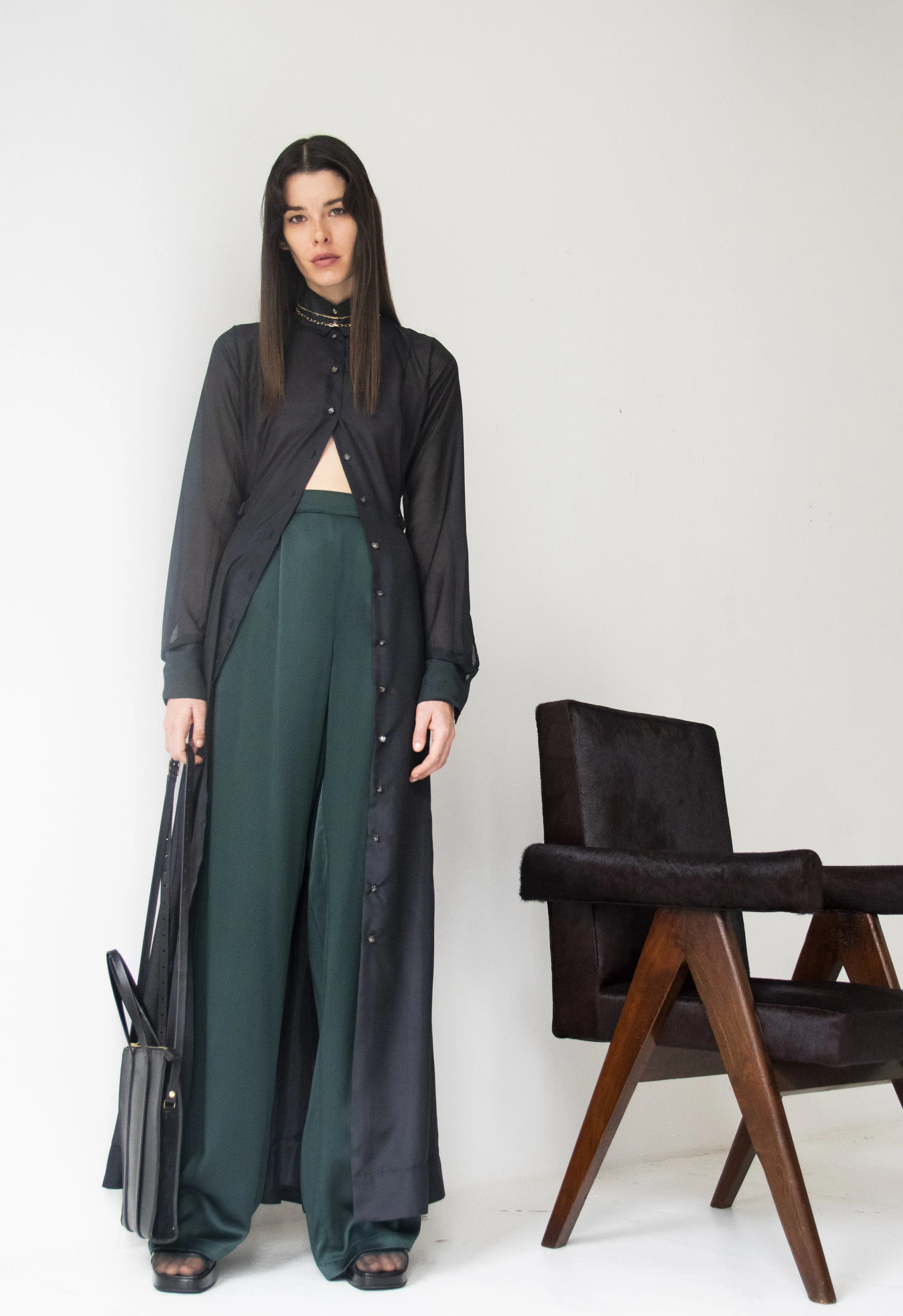 Long Silk Shirt Dress and Emerald Silk Pleated Pant