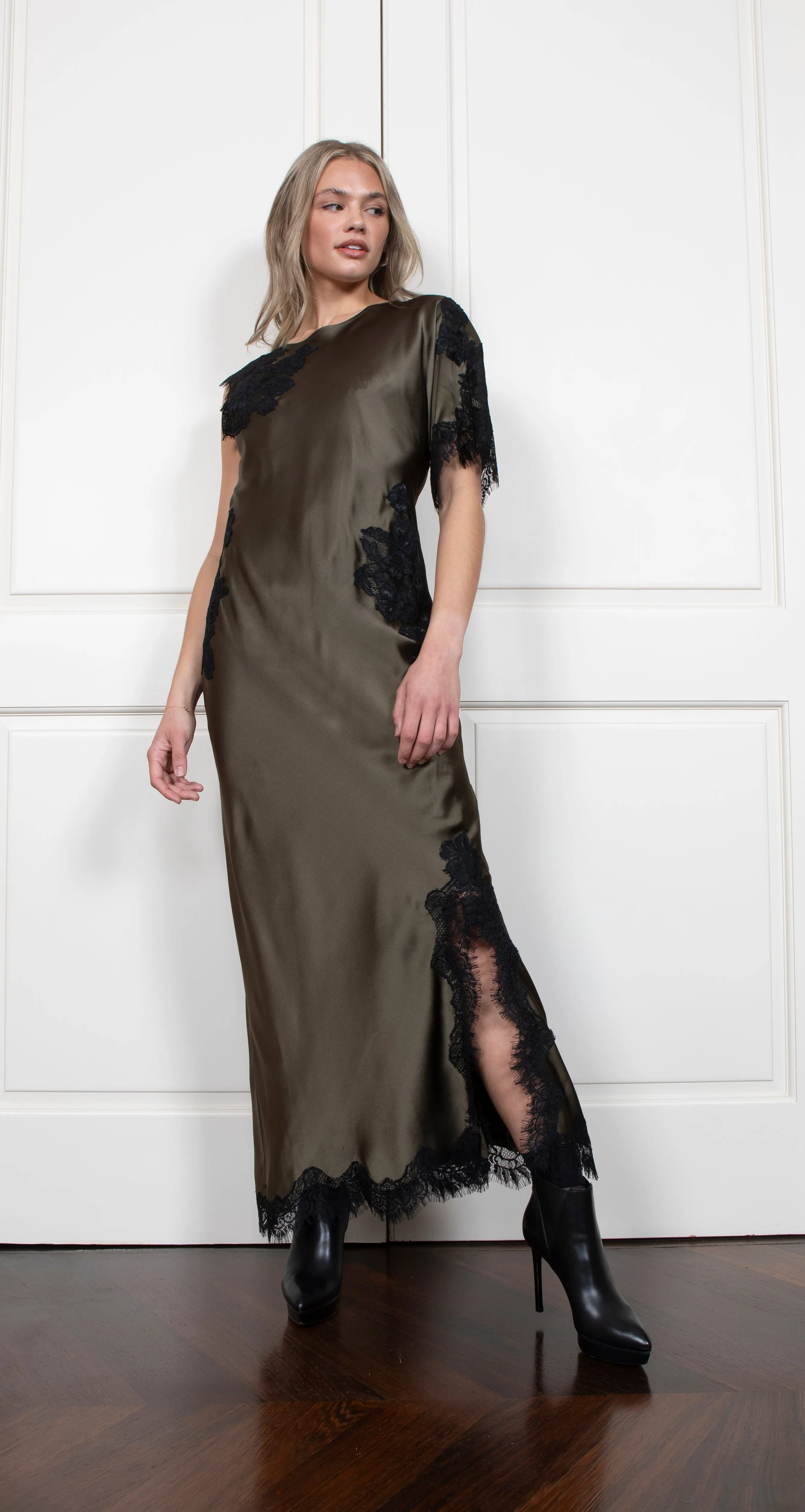 Luna Long Bias Dress - Moss Green/Black