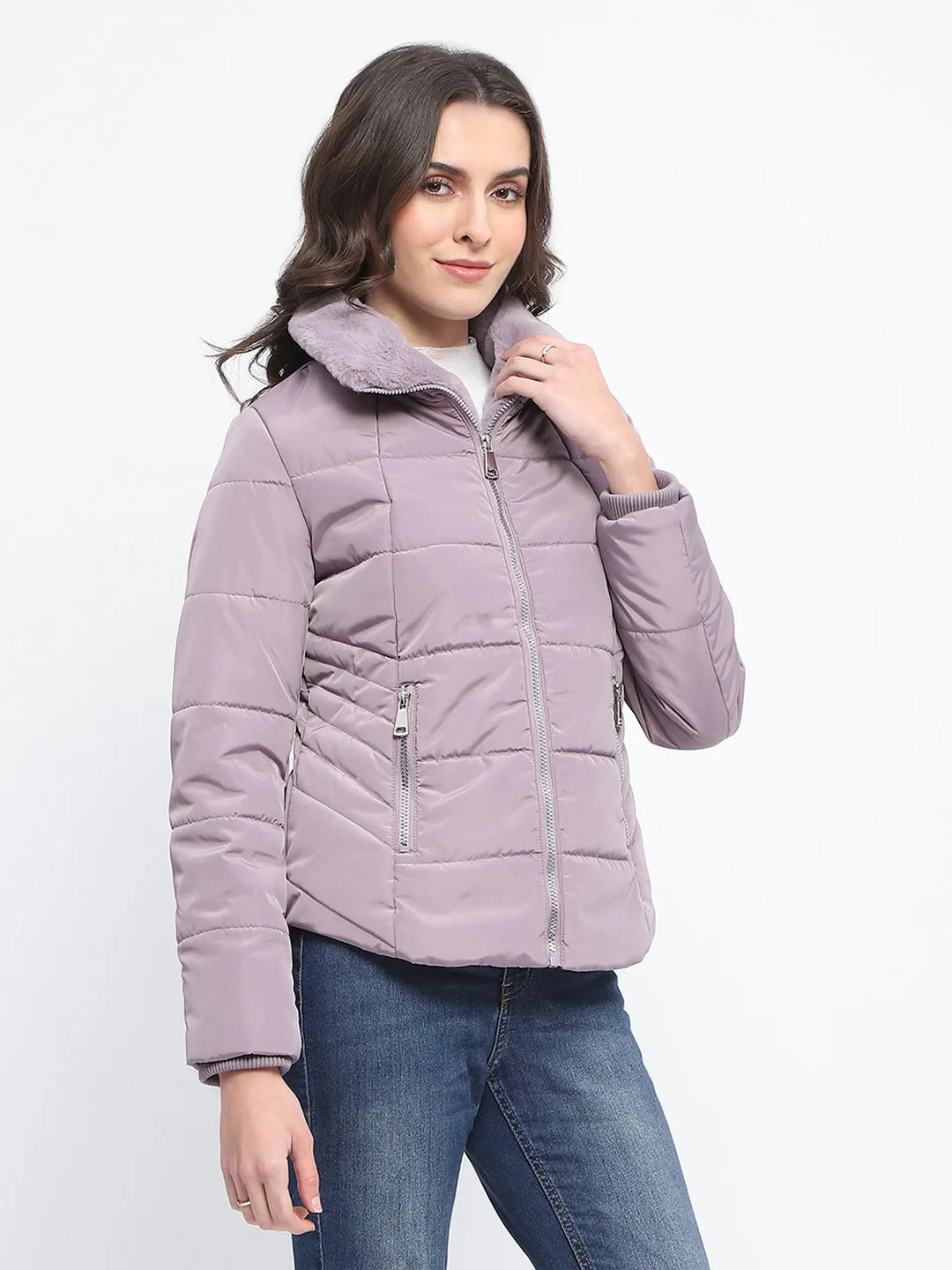 Madame Fur Detailed Collar Quilted Mauve Short Jacket