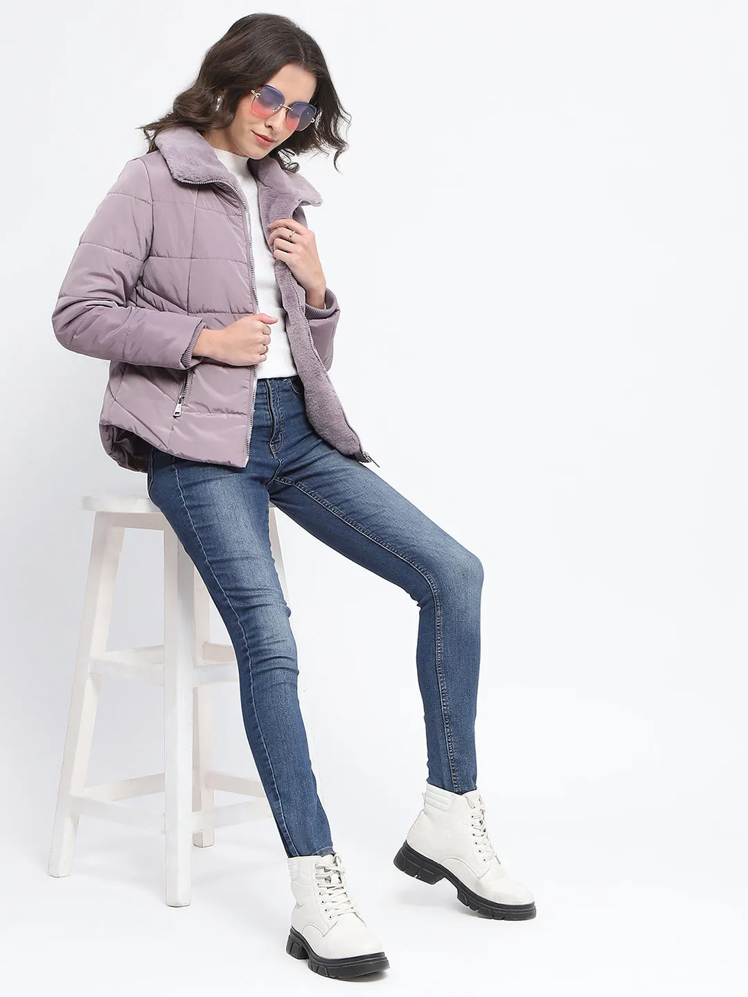 Madame Fur Detailed Collar Quilted Mauve Short Jacket