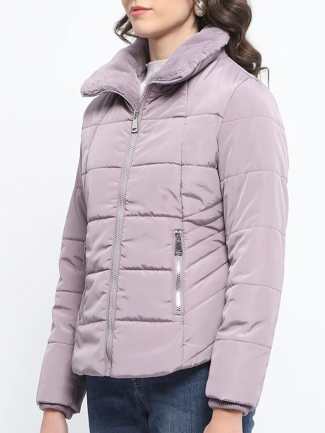 Madame Fur Detailed Collar Quilted Mauve Short Jacket