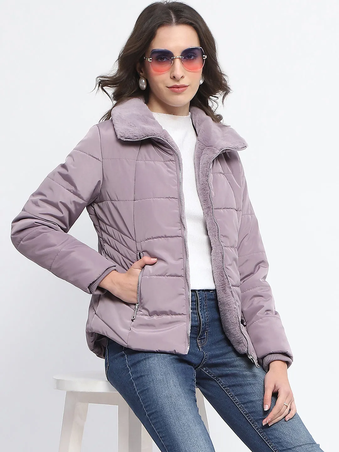 Madame Fur Detailed Collar Quilted Mauve Short Jacket