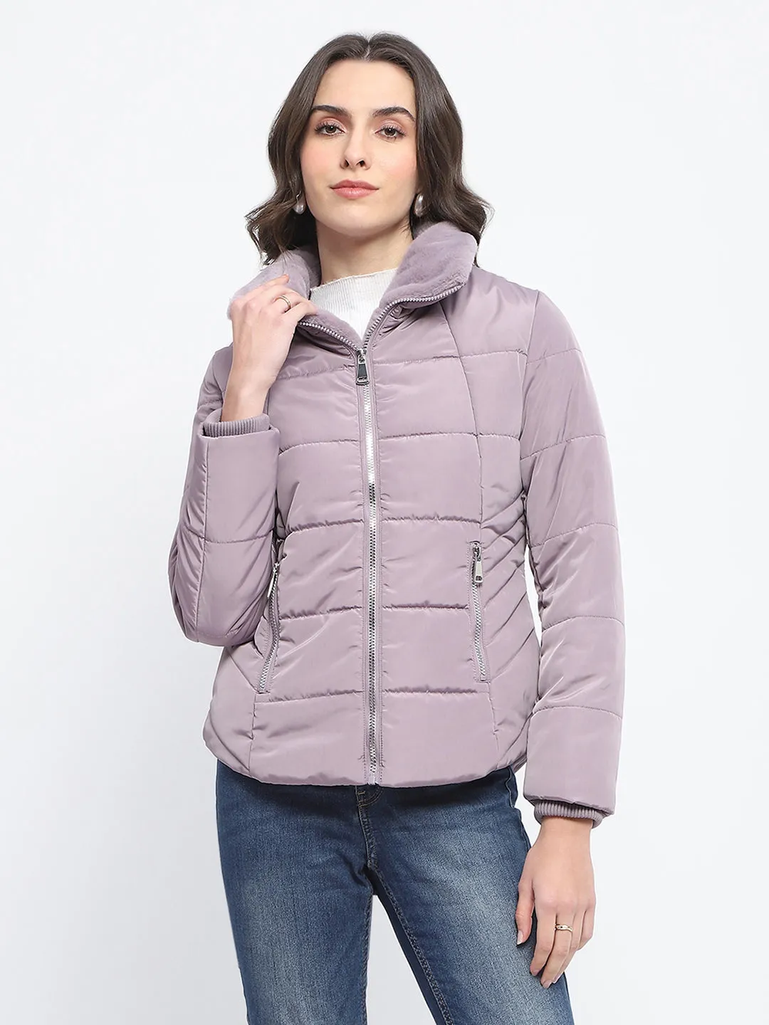 Madame Fur Detailed Collar Quilted Mauve Short Jacket