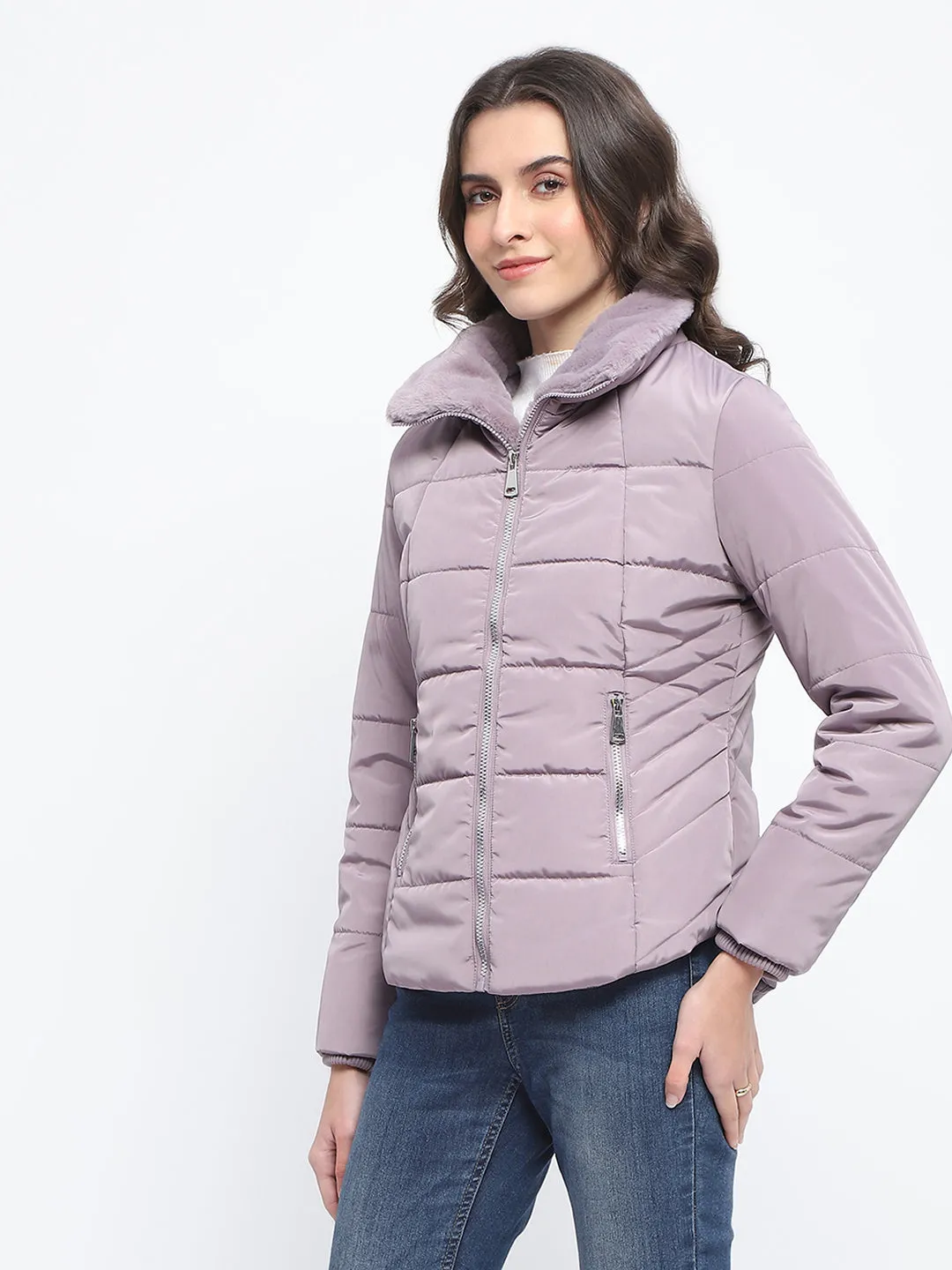 Madame Fur Detailed Collar Quilted Mauve Short Jacket