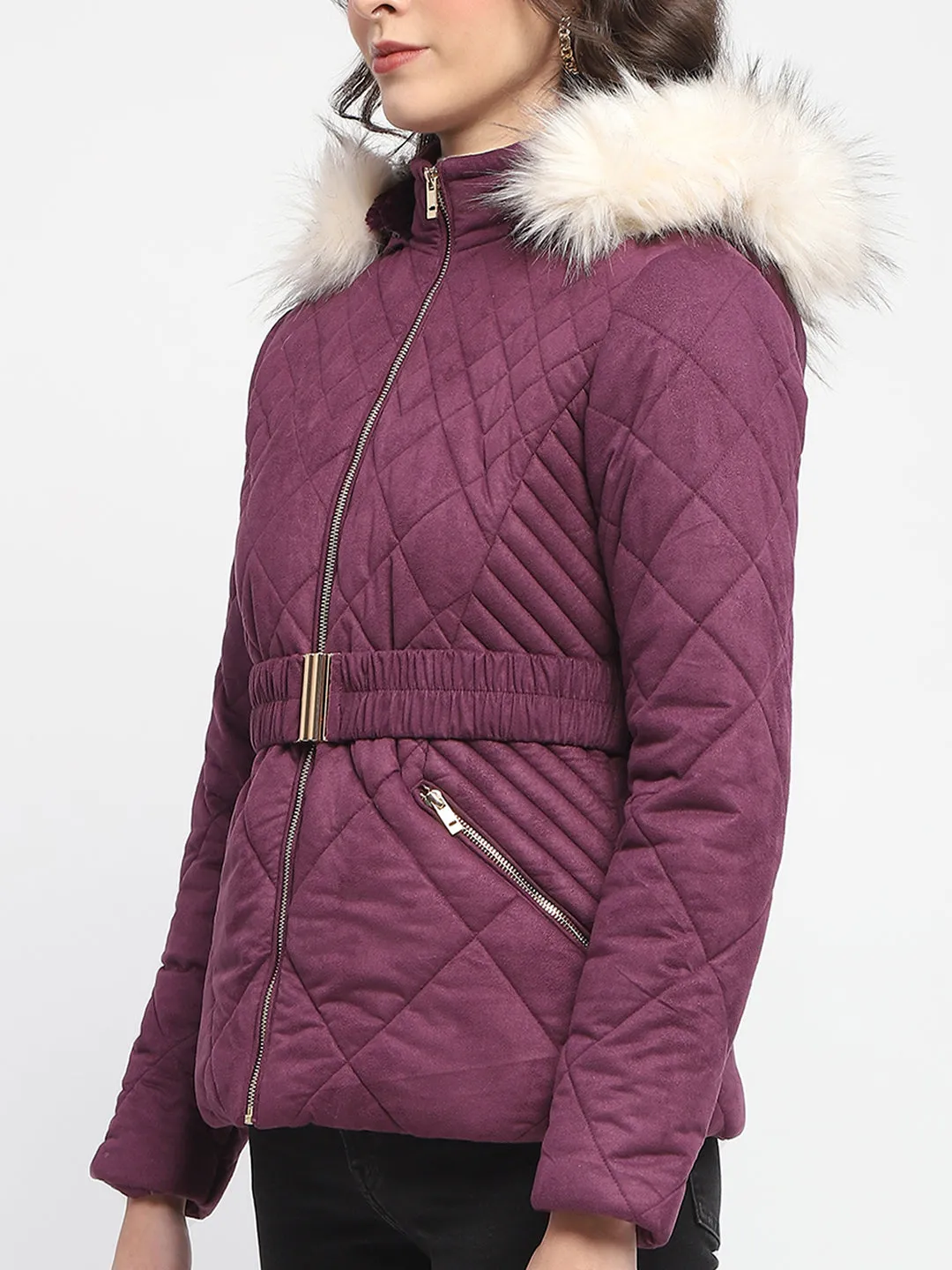 Madame Suede Fur Hooded Down Deep Plum Quilted Jacket